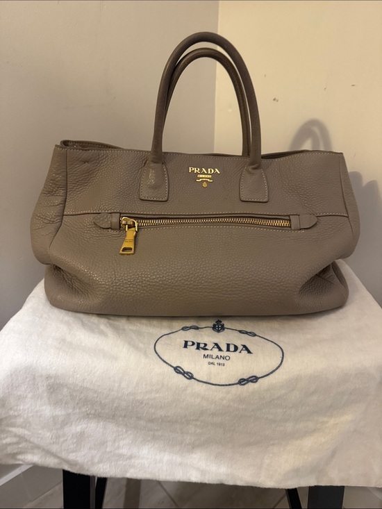 Prada Handbags - Prada Taupe Pebbled Leather Satchel with Gold Hardware